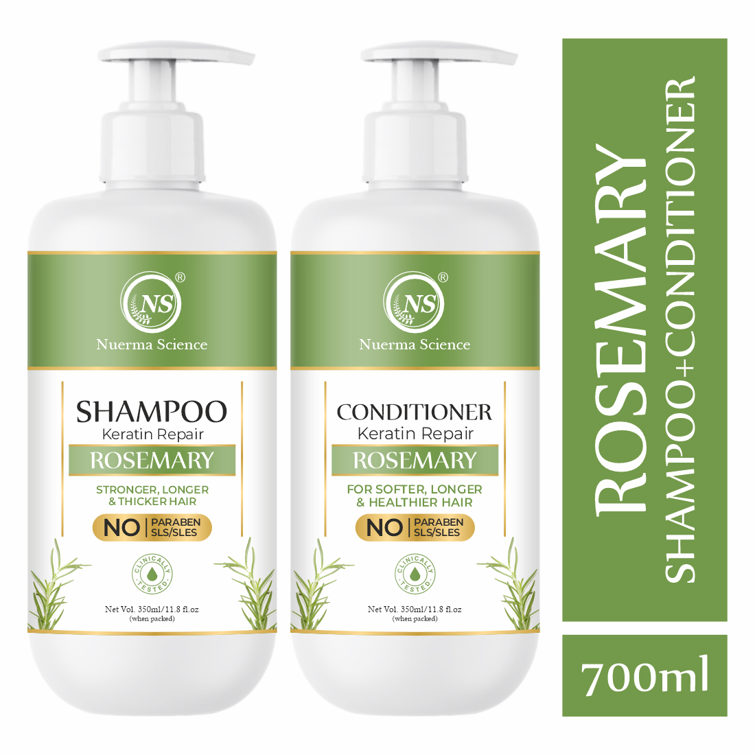Nuerma Science 100% Natural Rosemary Shampoo 350ml Conditioner Combo Pack For Hair Growth - 700ml, Natural Color | Anti-dandruff, Boosts Hair Growth, Reduces Hair Fall, Straightens Hair