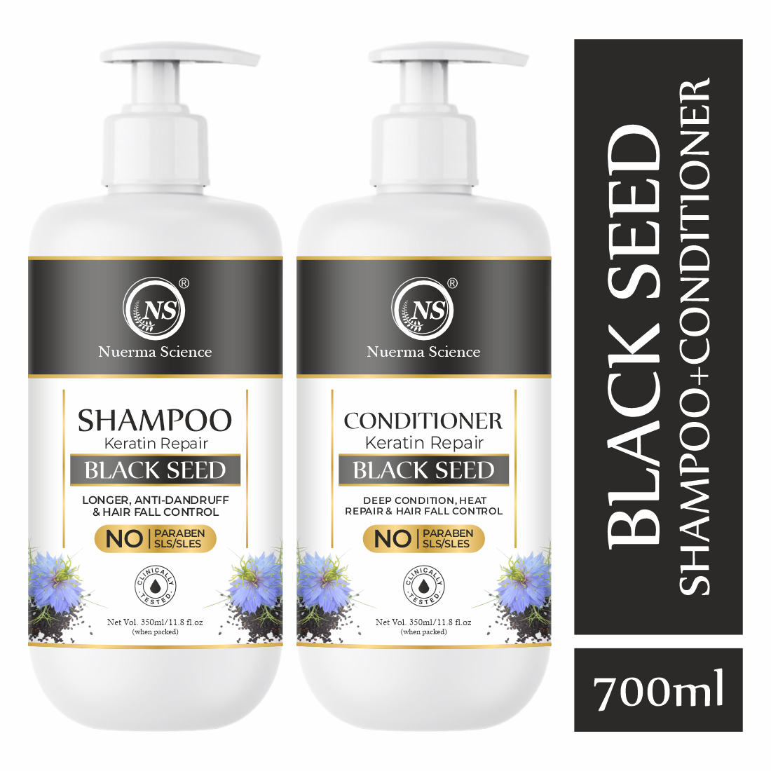 Nuerma Science Blackseed Oil Shampoo & Conditioner Combo Pack 700ml - Natural, Keratin Repair Formula For Boosting Hair Growth, Reducing Hair Fall, Rejuvenating Shine