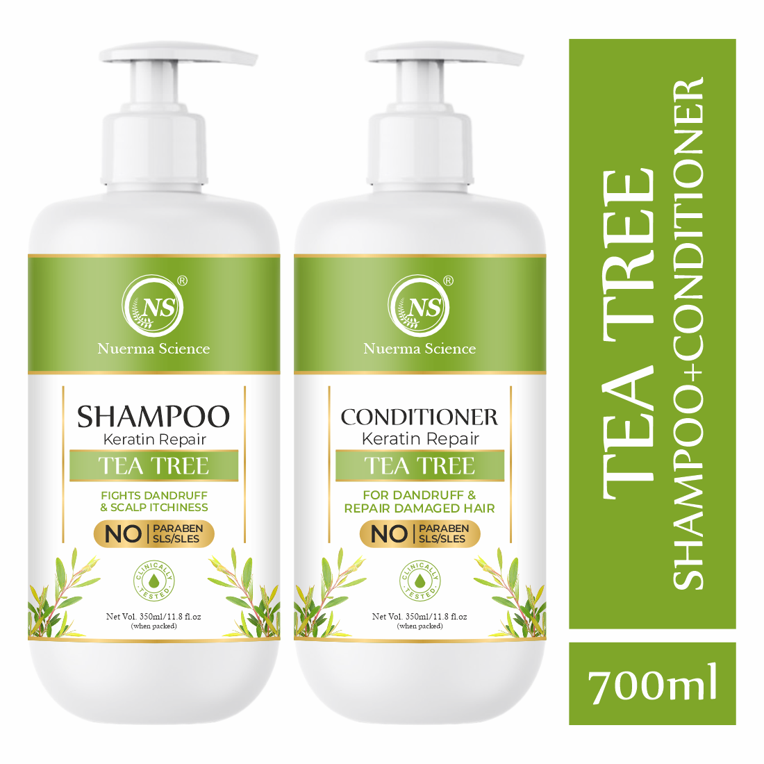 Nuerma Science 100% Natural Tea Tree Shampoo Conditioner Combo Pack For Hair Growth, 700 Ml, Anti Dandruff, Deep Nourishment, Frizz-free Shine