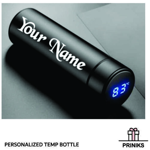 Personalized Temp Bottle - Led Temperature Display, Round Shape, Black Color | Customizable Logo For Personalization