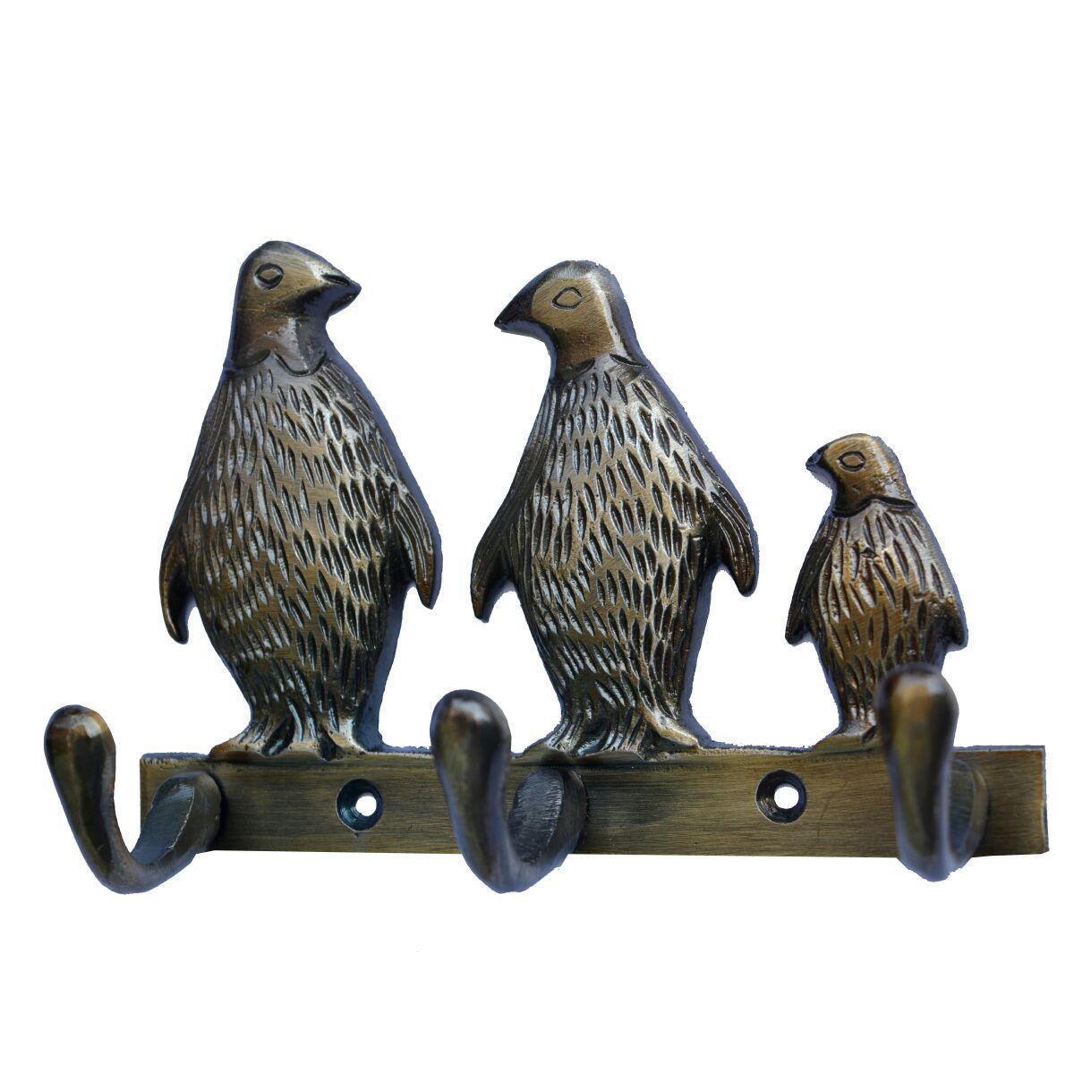 Aakrati Key Holder- 3 Penguin Statue Metal Key Hooks For Wall Decoration - Color: Brown