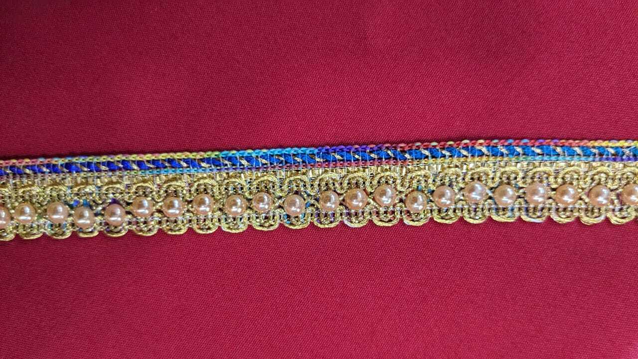 Jallar Lace - Silk, 9 Meter Length X 15 Millimeter Width | Multi-color With Hand Work, One-sided Knitted Design, Decorative Stones
