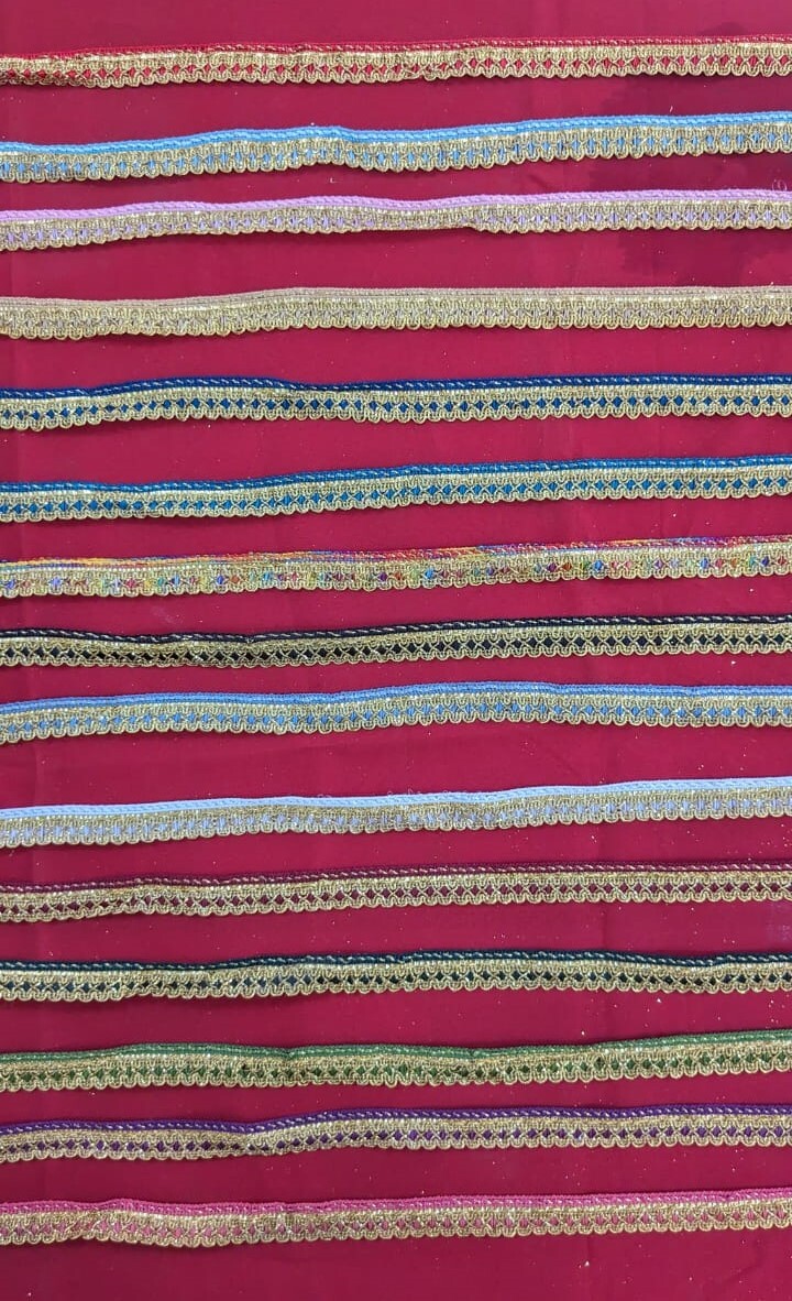 Jallar Lace - Silk, 9 Meter Length X 15 Millimeter Width | Multi-color With Hand Work, One-sided Knitted Design, Decorative Stones
