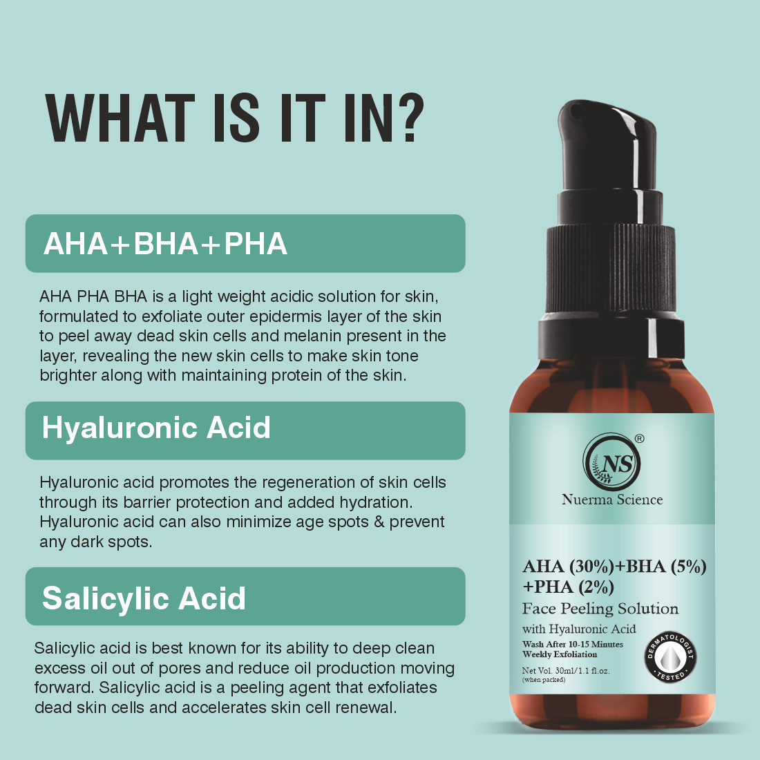Nuerma Science Aha 30% + Bha 5% + Pha 2% Face Peeling Solution Serum With Hyaluronic (30 Ml) - Age Group: Adult