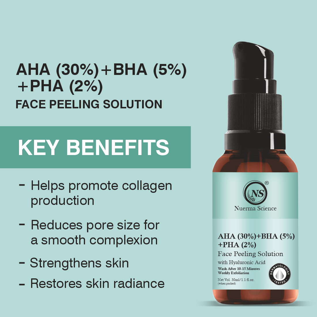 Nuerma Science Aha 30% + Bha 5% + Pha 2% Face Peeling Solution Serum With Hyaluronic (30 Ml) - Age Group: Adult