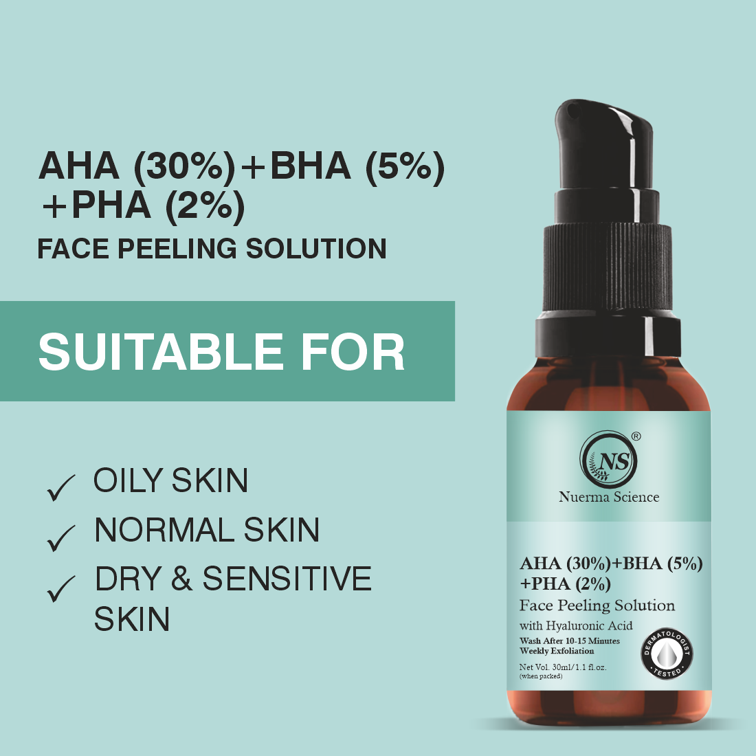 Nuerma Science Aha 30% + Bha 5% + Pha 2% Face Peeling Solution Serum With Hyaluronic (30 Ml) - Age Group: Adult