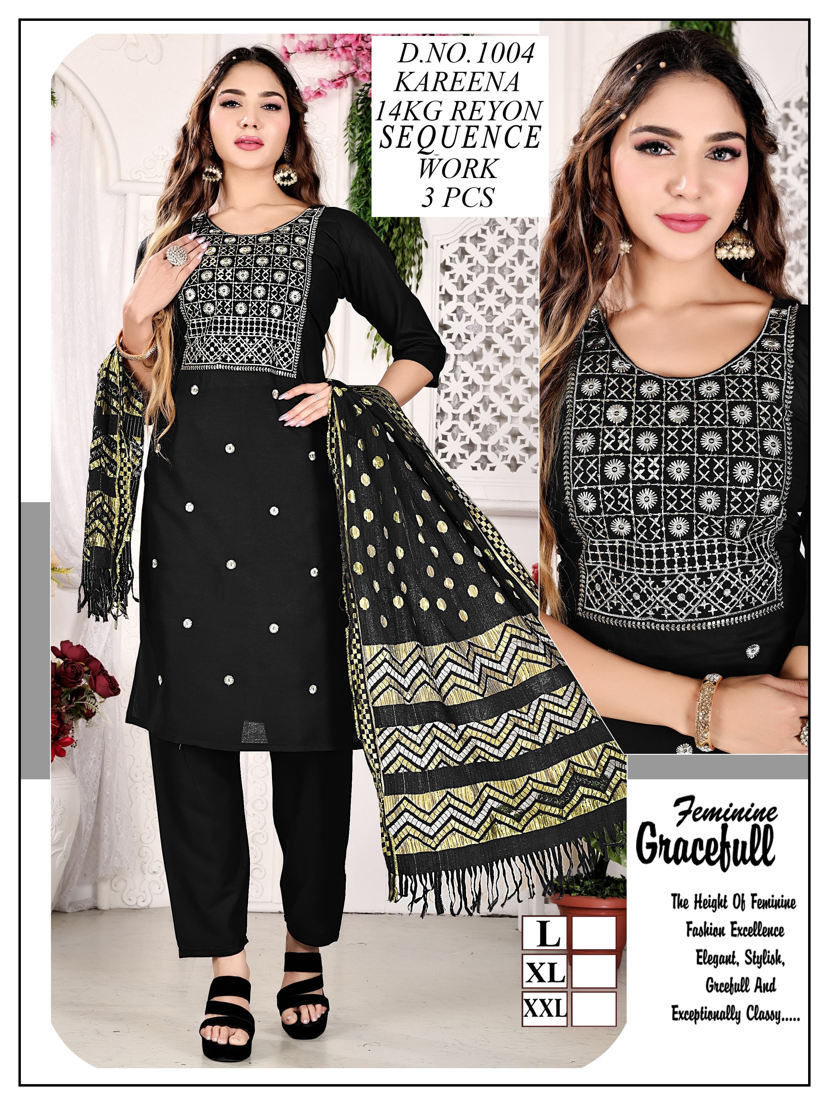 3 Piece Collection - Rayon Fabric, Size Xl & Xxl, Embroidered Pattern, Traditional Dress Type, Washable & Non-toxic With Laces And Sequins