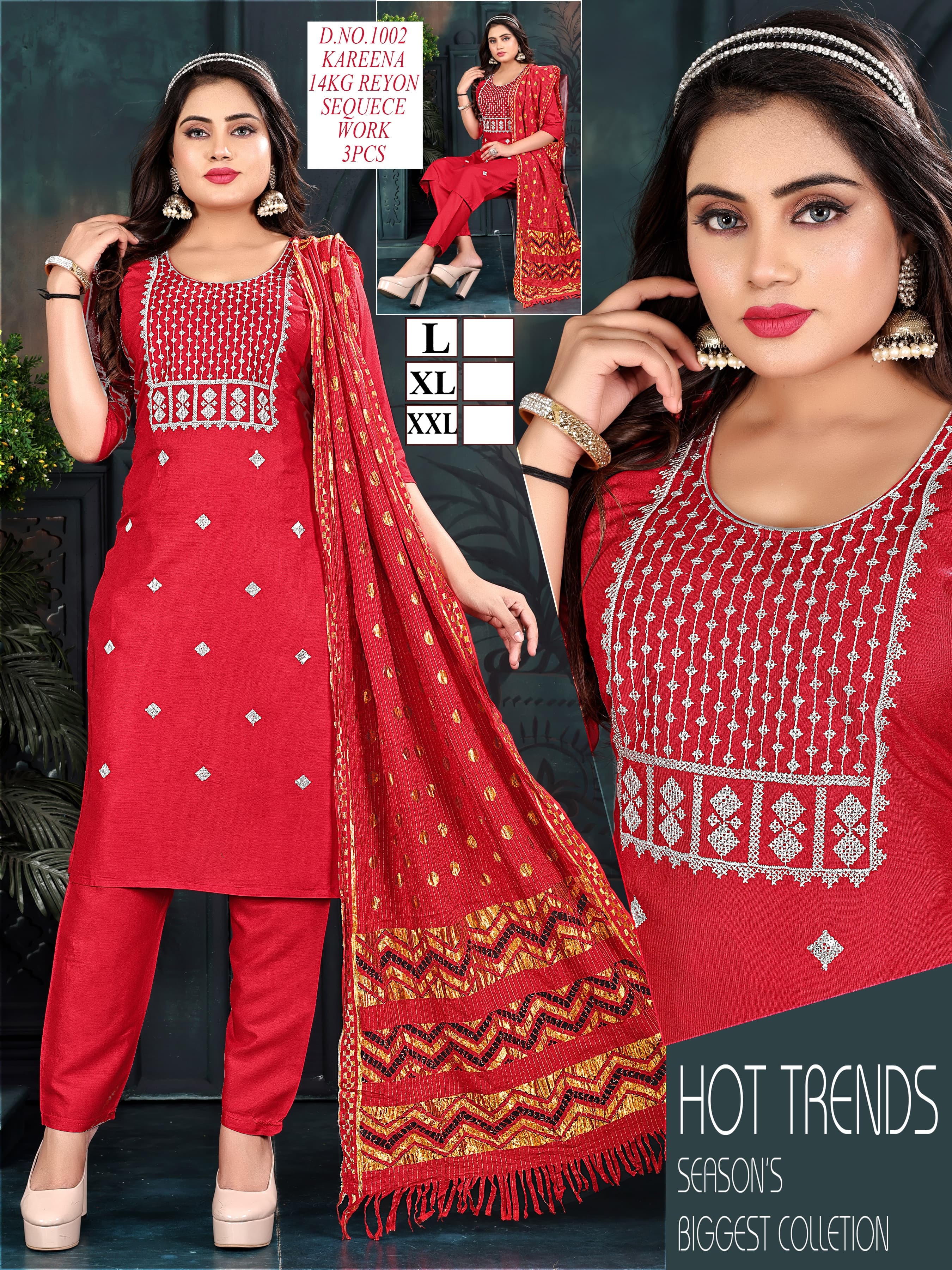 3 Piece Collection - Rayon Fabric, Size Xl & Xxl, Embroidered Pattern, Traditional Dress Type, Washable & Non-toxic With Laces And Sequins