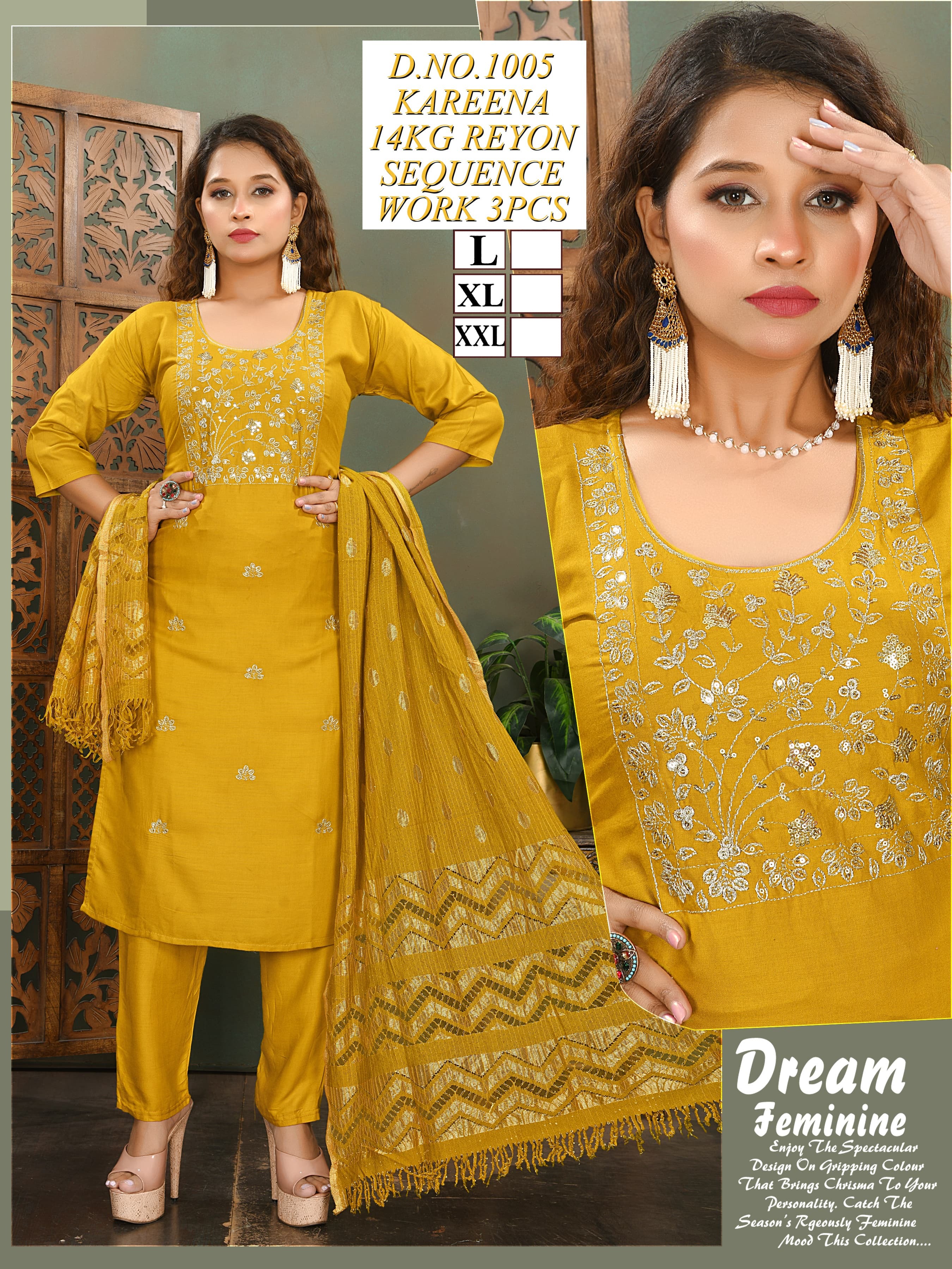 3 Piece Collection - Rayon Fabric, Size Xl & Xxl, Embroidered Pattern, Traditional Dress Type, Washable & Non-toxic With Laces And Sequins
