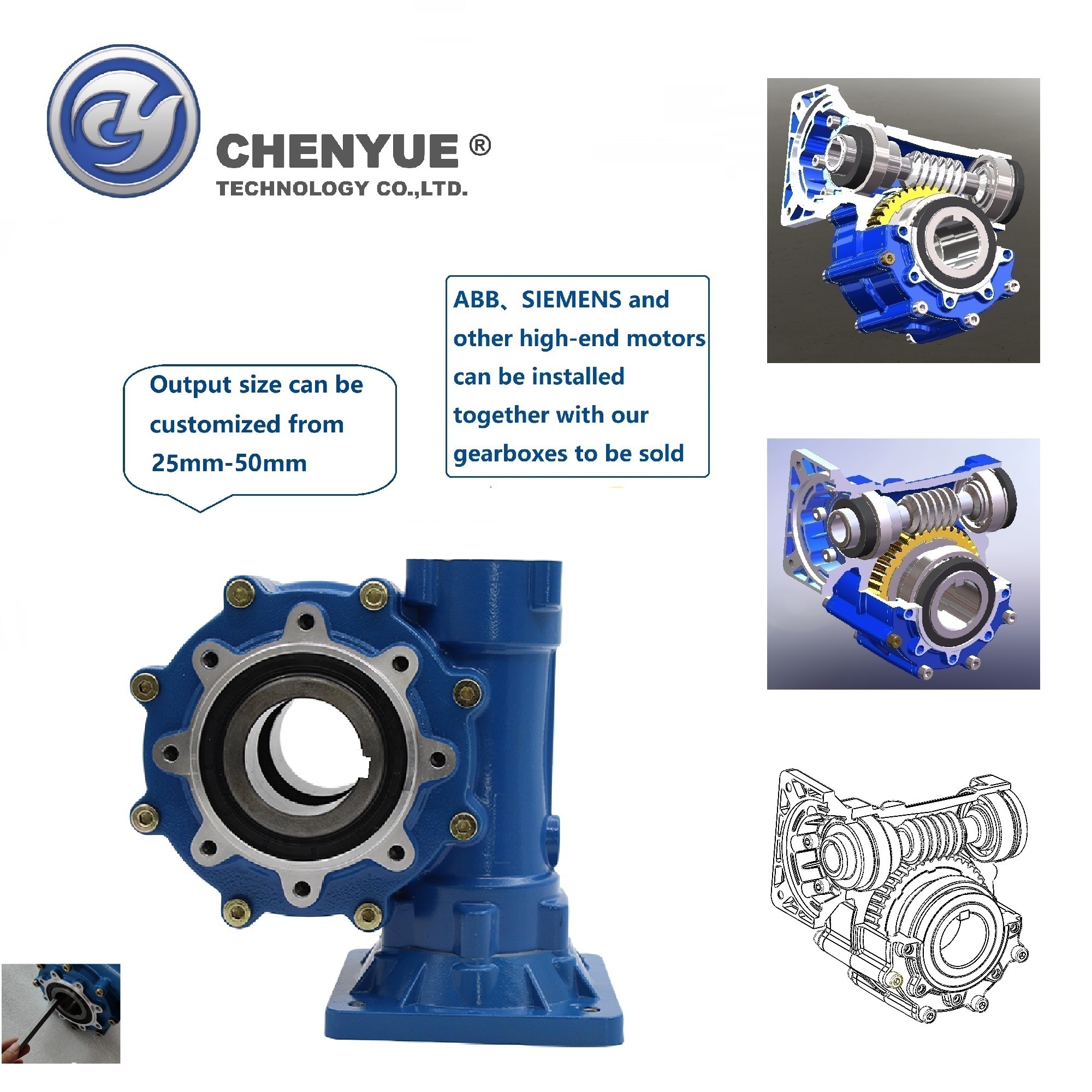 Cywf50 - Iron Die-cast Worm Gearbox 22-50.25mm, High Efficiency, Blue/gray Colors, Free Maintenance, Suitable For Industrial Use