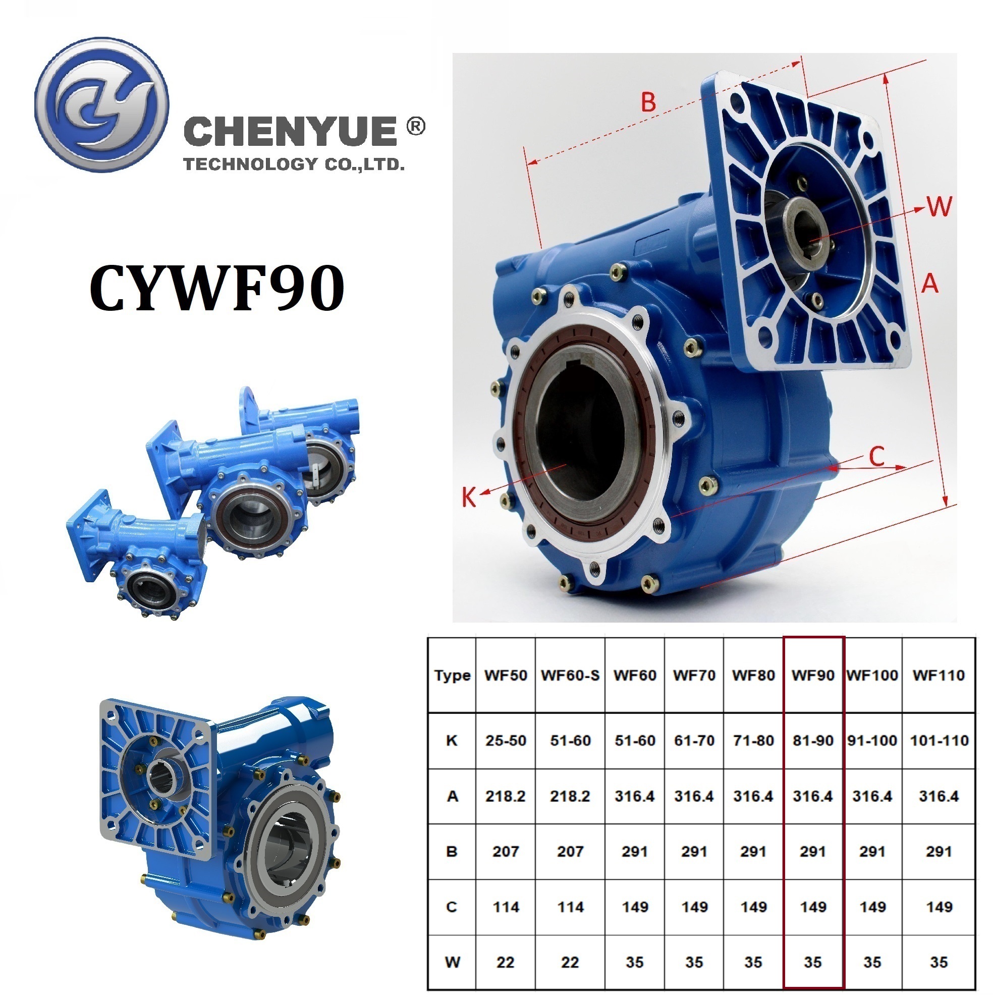 Blue Chenyue High Torque Worm Gear Reducer Cywf 90 Input 35 Mm Output Hole 90mm Speed Ratio From 5:1 To 100:1 Cnc Gearbox Free Maintenance