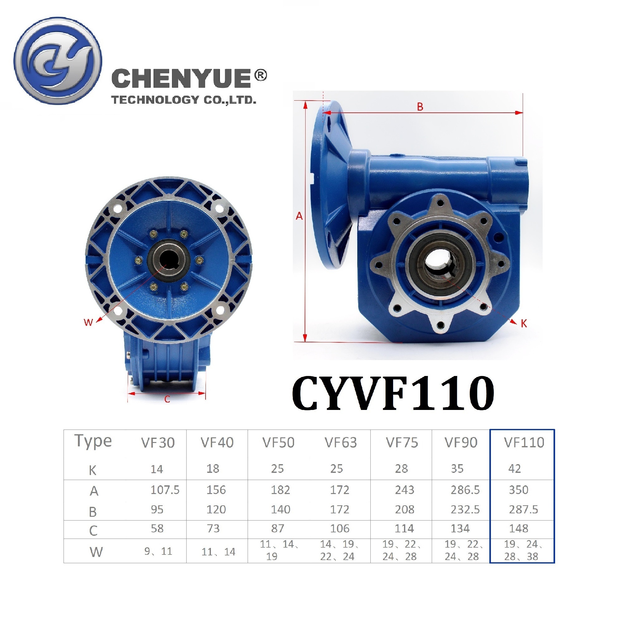 Blue Chenyue Worm Gearbox Nmvf110 Input 19/24/28/38mm Output 42mm Speed Ratio From 5:1 To 100:1 Tin Bronze Cnc Speed Gear Reducer Free Maintenance