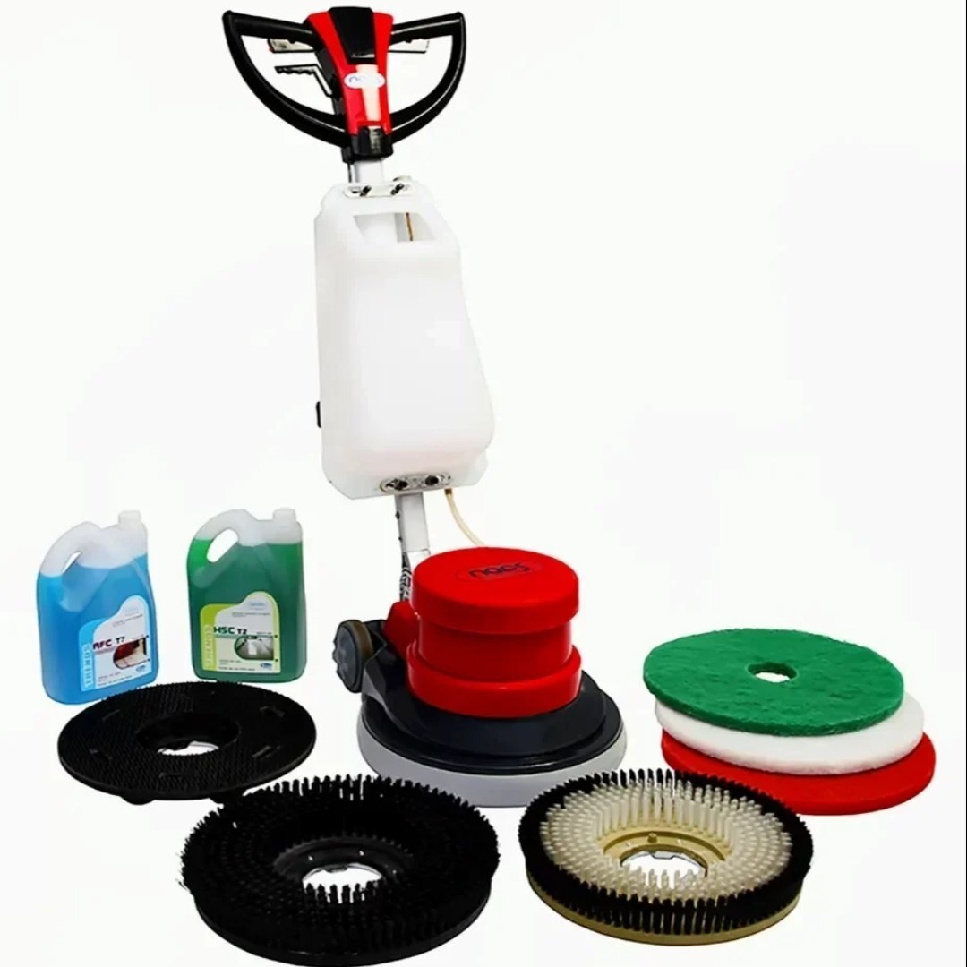 Single Disc Scrubber - 1500w Power, 175 Rpm Motor, 17" Scrubbing Width, 48 Kg Weight, 12l Tank Capacity, Electric Fuel Type, Red Color, 1230 Mm Height, 560 Mm Length, 465 Mm Width