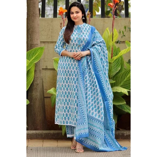 Washable Women White Printed Pure Cotton Kurta Set For Summer