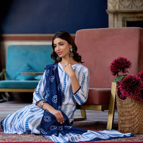 Washable Dark Blue, White Printed Viscose Rayon Kurta Sets For Women