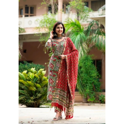 Washable Women Multicolor Printed Viscose Rayon Kurta, Pant And Dupatta Set