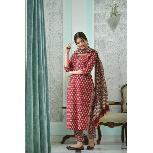 Washable Maroon Printed Viscose Rayon Kurta And Pant Set