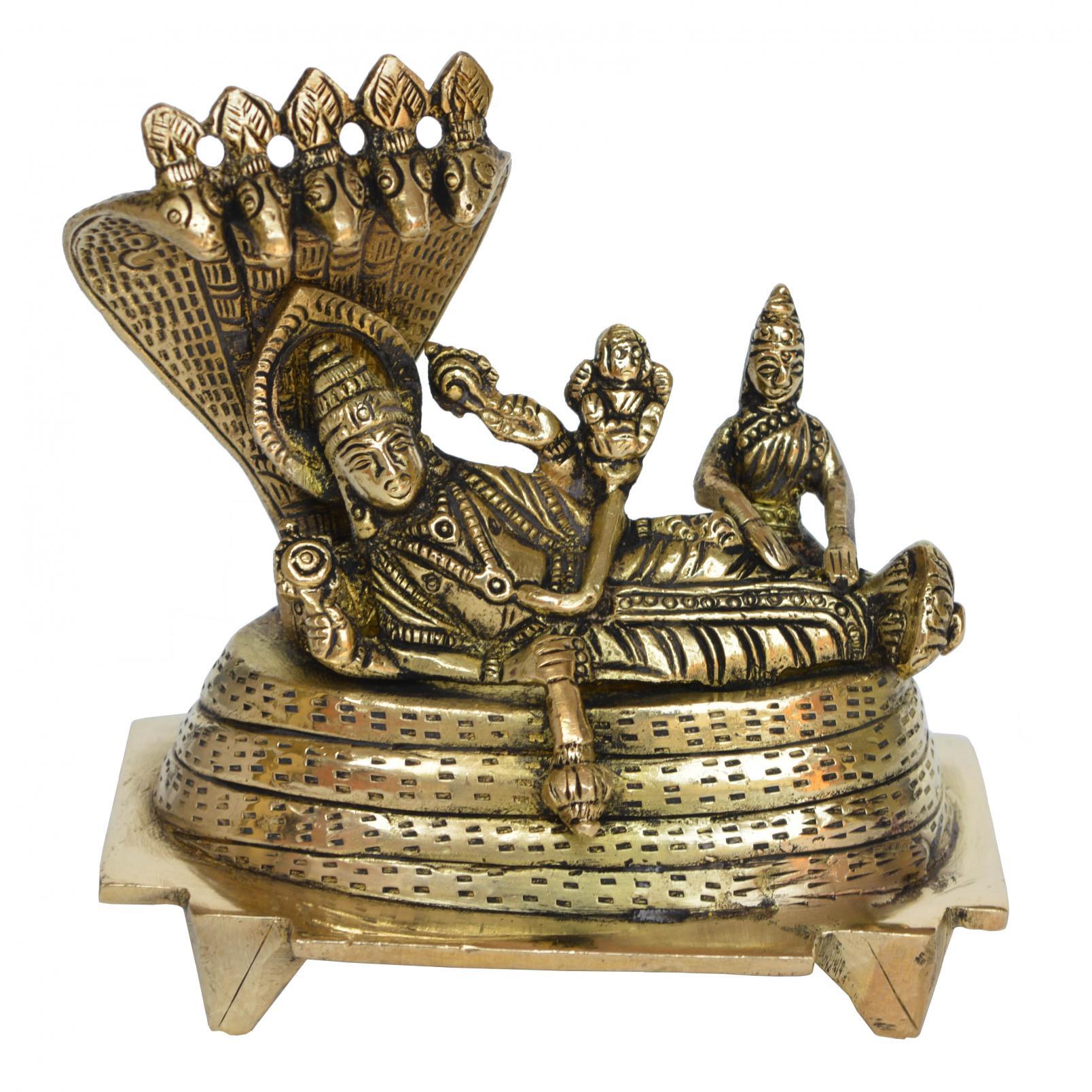 Vishnu Laxmi Sitting On Sheshnag - Lord Narayan Rest In Vainkunt Dham Metal Idol 4.5 Inch - Color: Yellow