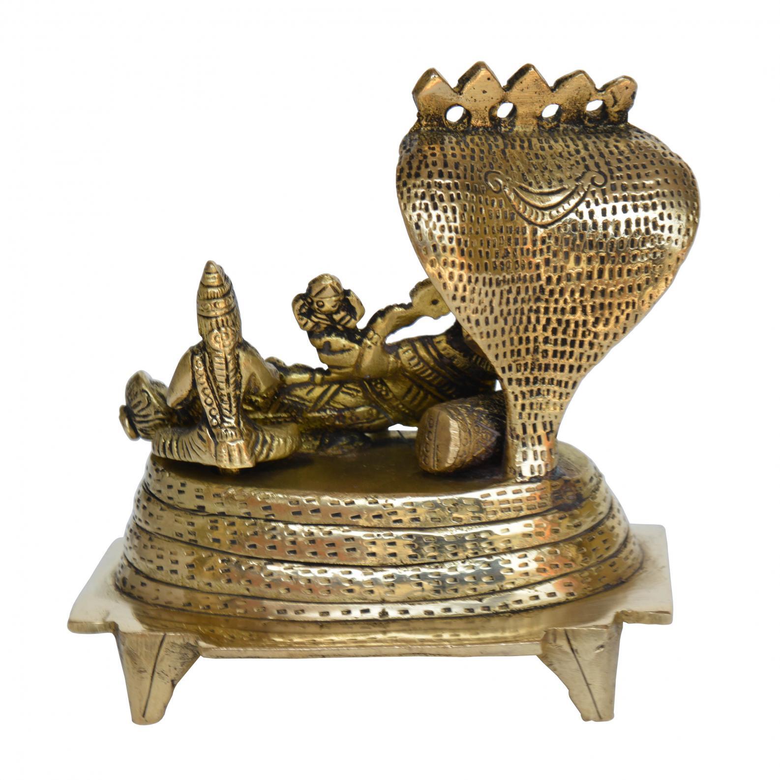 Vishnu Laxmi Sitting On Sheshnag - Lord Narayan Rest In Vainkunt Dham Metal Idol 4.5 Inch - Color: Yellow