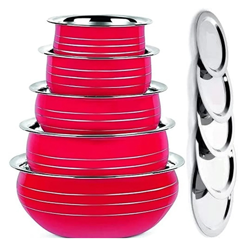 Stainless Steel Handi With Lid Uril Cookware Set - Stainless Steel , Polished Surface Finish , Suitable For Domestic Cooking , Available In Red And Silver