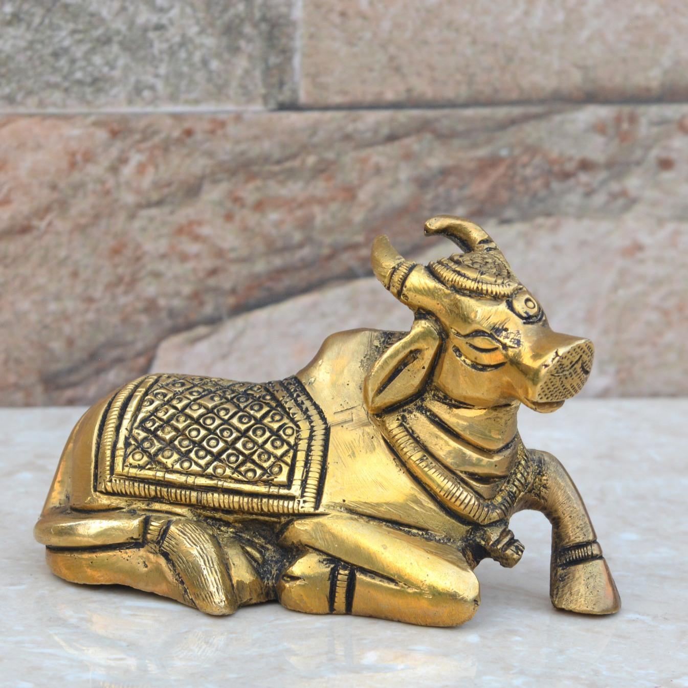 The Vehicle Of Shiva - Brass Statue- Nandi Bull Sitting By Aakrati - Color: Yellow