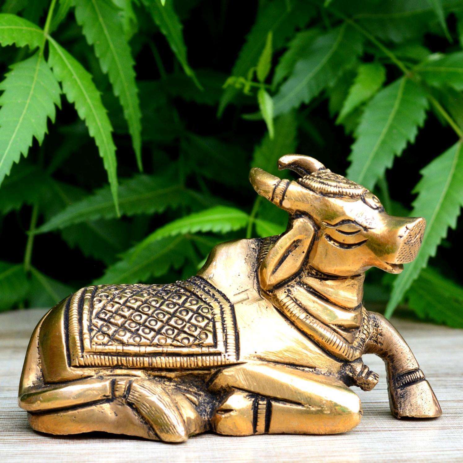 The Vehicle Of Shiva - Brass Statue- Nandi Bull Sitting By Aakrati - Color: Yellow