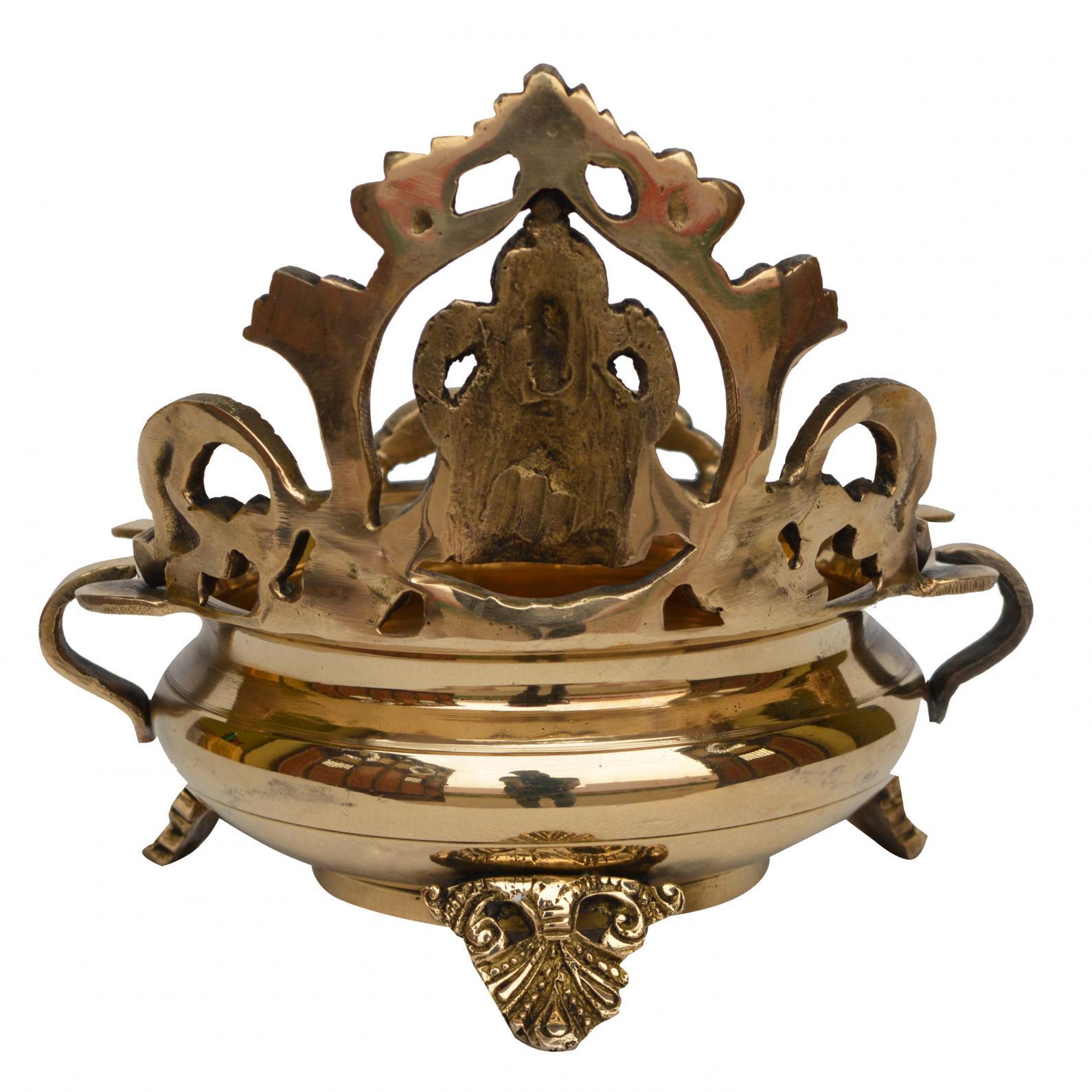 Ethnic Carved Urli With Ganesha Statue, 7 Inches Brass Decor Bowl, Urli Decor, Decorative Urli For Corner Tables