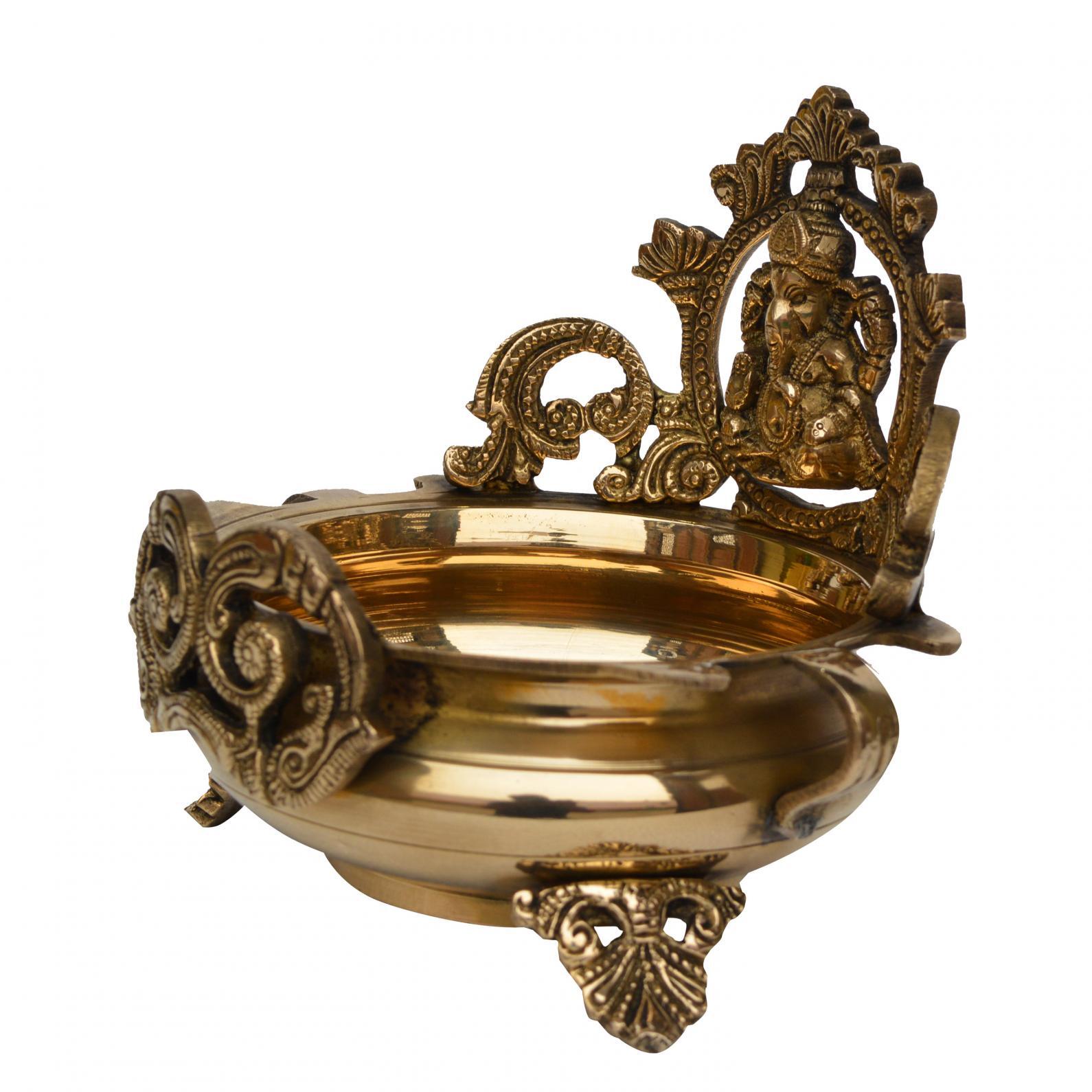 Ethnic Carved Urli With Ganesha Statue, 7 Inches Brass Decor Bowl, Urli Decor, Decorative Urli For Corner Tables