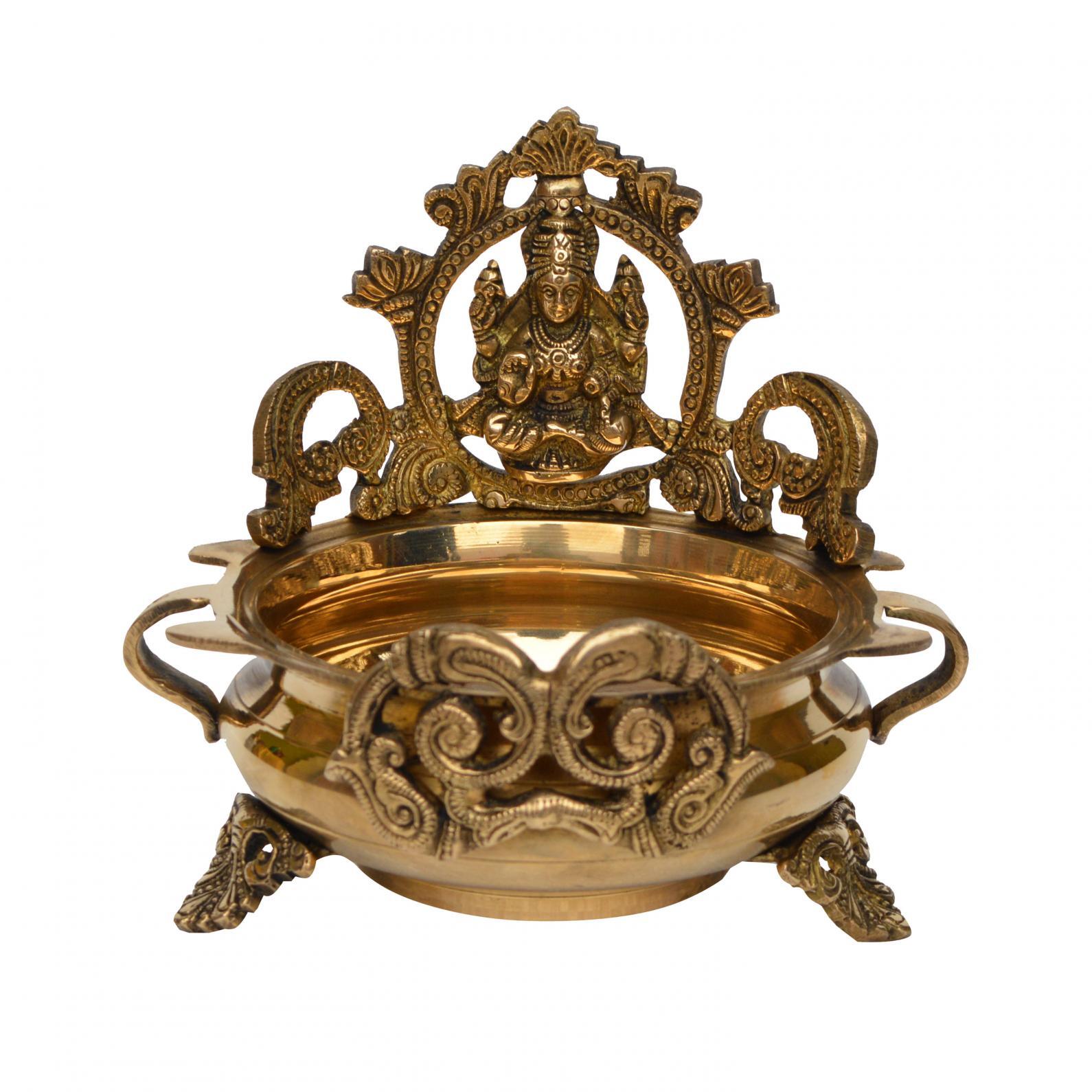 Carved Urli With Lakshmi Ji Statue, 7 Inches Brass Decor Bowl, Urli Decor, Decorative Urli For Corner Tables Ethnic Da Accor