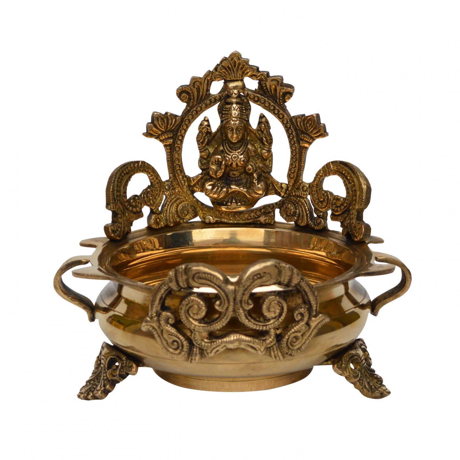 Carved Urli With Lakshmi Ji Statue, 7 Inches Brass Decor Bowl, Urli Decor, Decorative Urli For Corner Tables Ethnic Da Accor