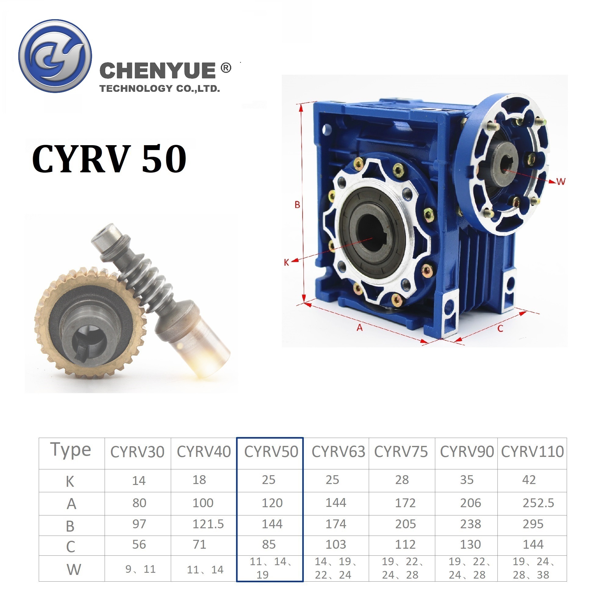 Blue Chenyue Double-stage Worm Gear Reducer Cyrv50 + Cyrw75 Speed Ratio From 300:1to10000:1 Customizable