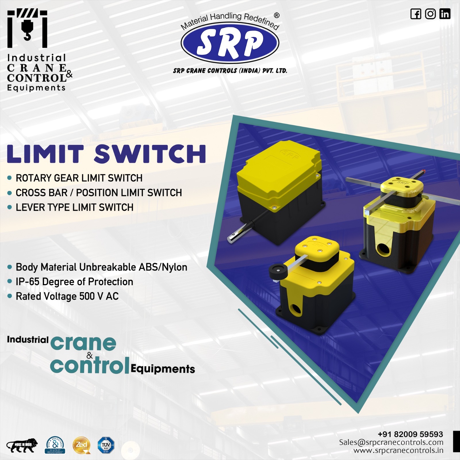 Cross Bar Position Limit Switch - Unbreakable Abs/nylon, Ip-65 Rating, 500v 20a Limit Function, Foot Mounted Horizontal Design