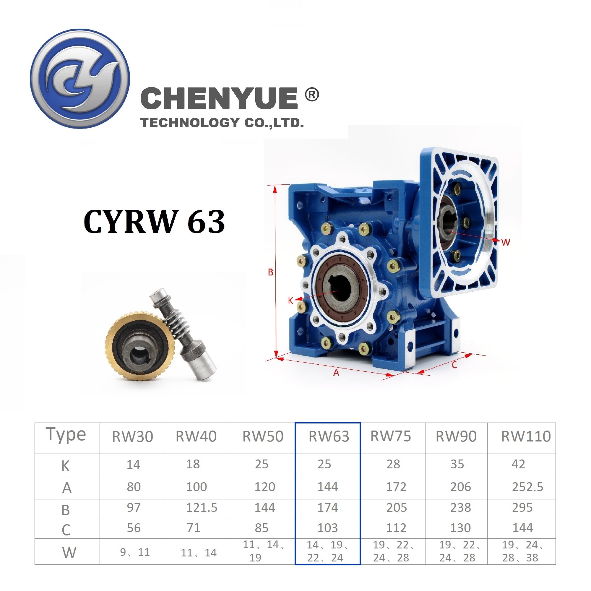 Blue Chenyue Double-stage Worm Gearbox Cyrw63 + Cyrw90 Speed Ratio From 300:1to10000:1 Customizable