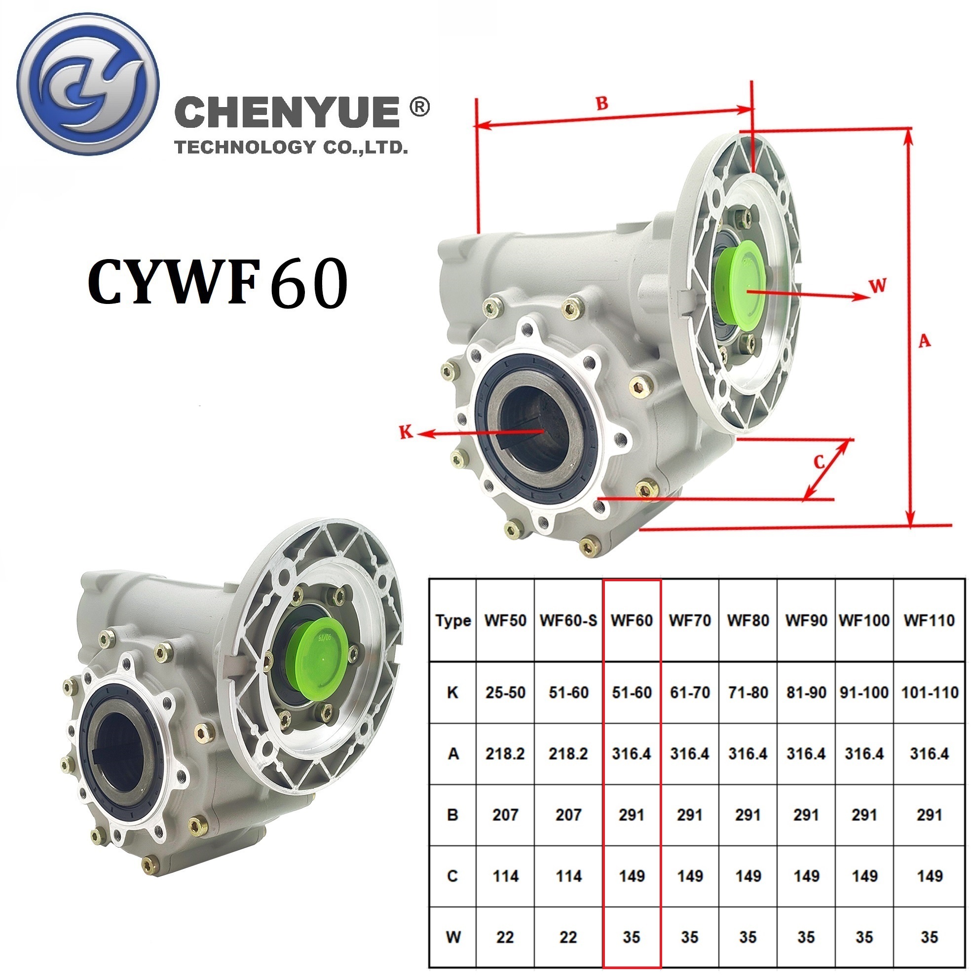 Chenyue Worm Gearbox Cywf60 - Die-cast Aluminum Alloy, 30.5x29.5x38 Cm | High Efficiency, Free Maintenance, Speed Ratio 5:1 To 100:1, Rated Power 0.75kw To 7.5kw, Output Torque 200nm To 647nm, Available In Blue, Green, Gray