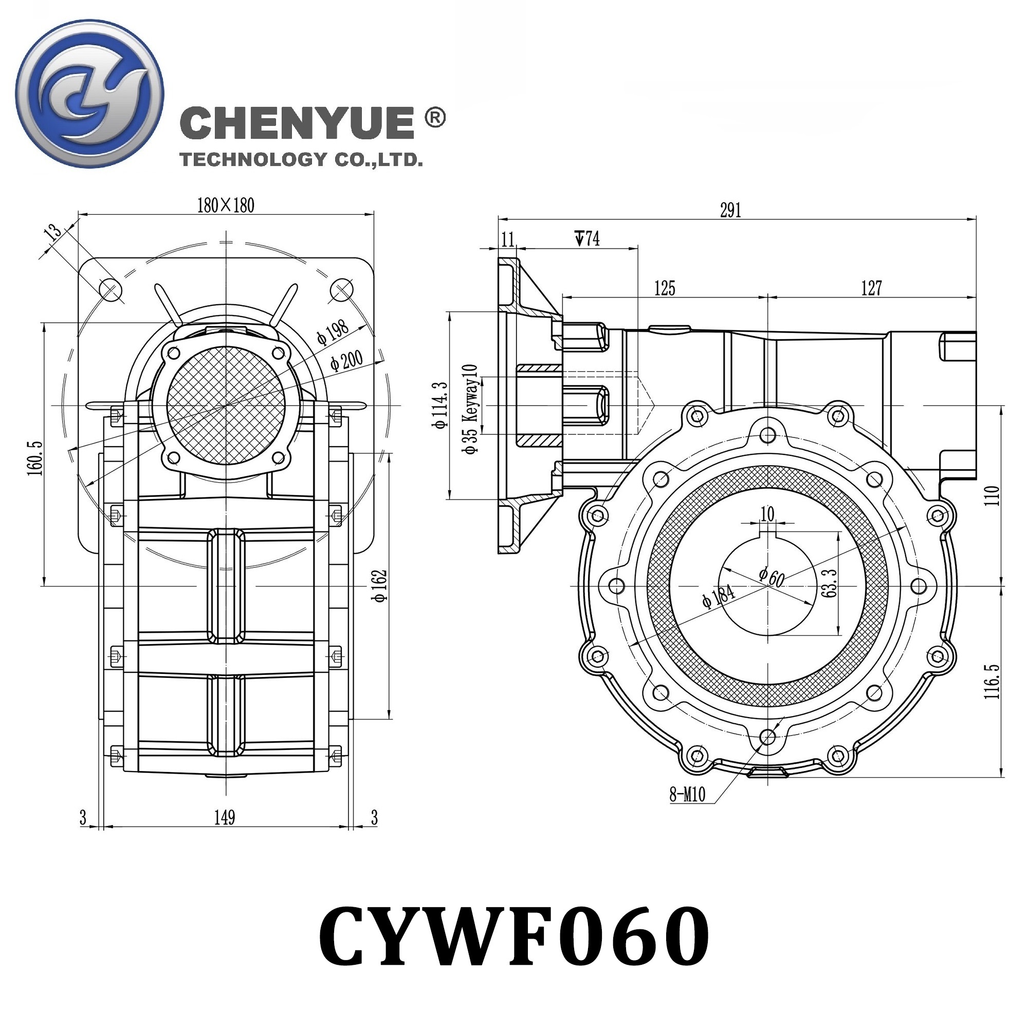Chenyue Worm Gearbox Cywf60 - Die-cast Aluminum Alloy, 30.5x29.5x38 Cm | High Efficiency, Free Maintenance, Speed Ratio 5:1 To 100:1, Rated Power 0.75kw To 7.5kw, Output Torque 200nm To 647nm, Available In Blue, Green, Gray