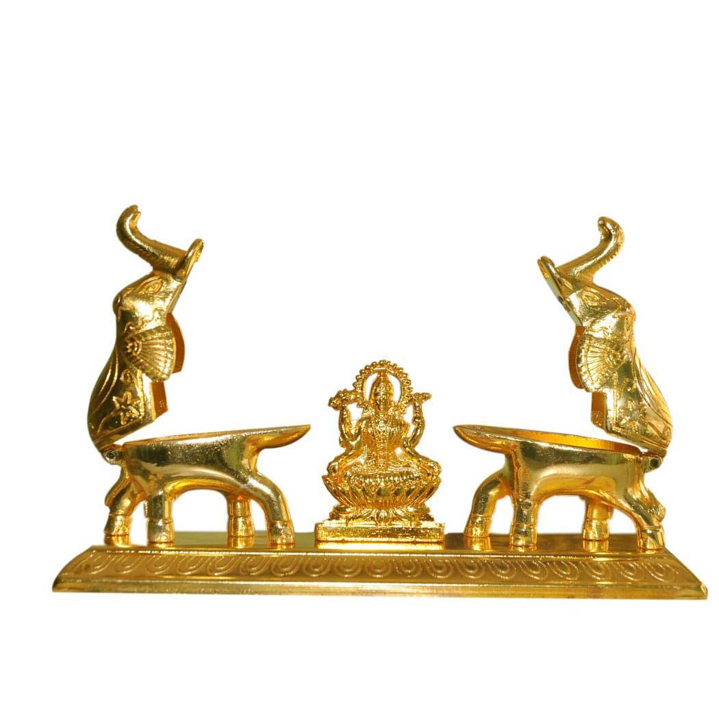 "Gold Metal Haldi Kumkum Holder With Elephant Figurine With Laxmi Yantra By Aakrati "