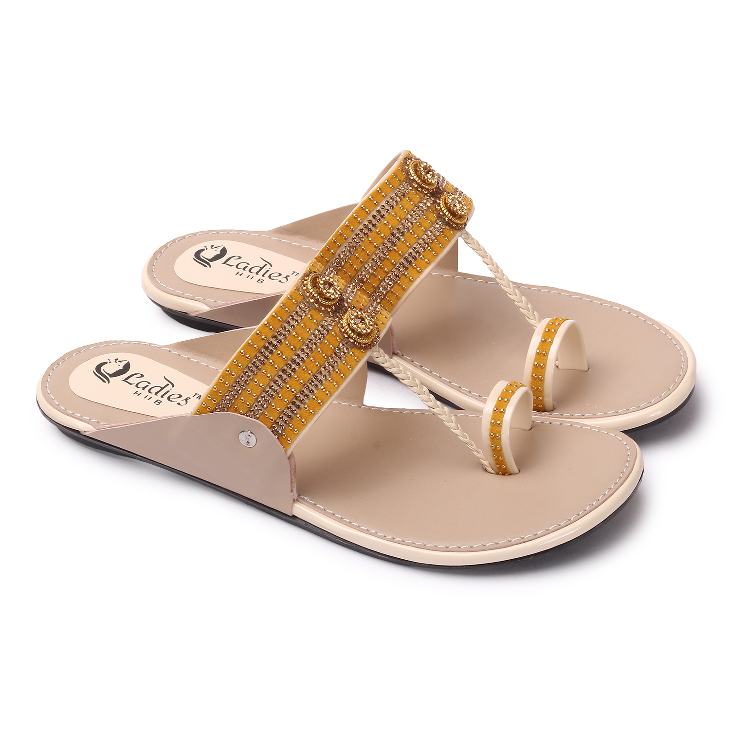 Kolhapuri Flat Chappals - Tpr Outsole, Size 37 To 42 , Cream Color, Embroidery Design, Slip-on Comfort Style For Women And Girls