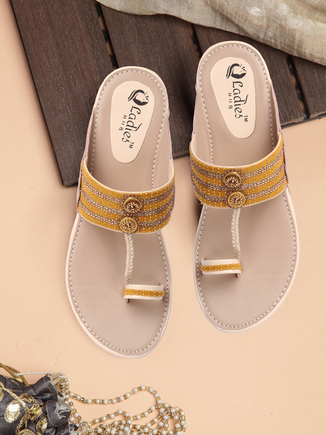 Kolhapuri Flat Chappals - Tpr Outsole, Size 37 To 42 , Cream Color, Embroidery Design, Slip-on Comfort Style For Women And Girls