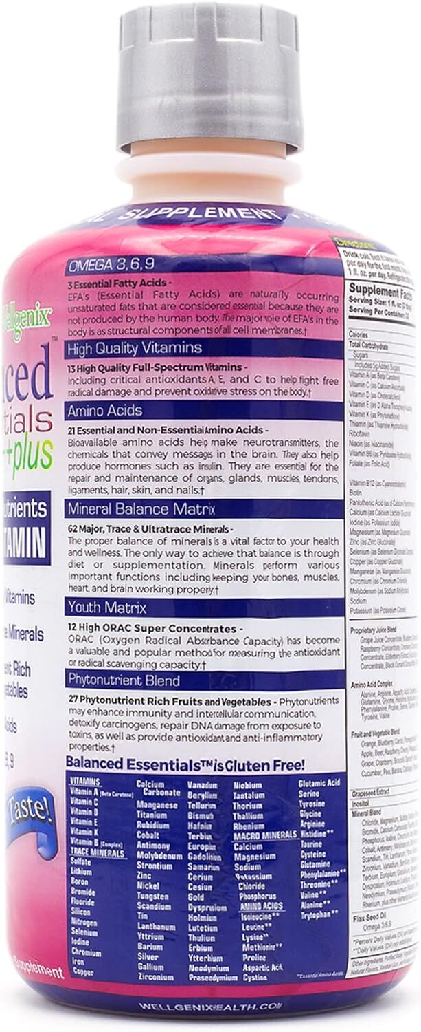 Wellgenix Balanced Essentials Plus - 32 Fl Oz | Liquid Multivitamin For Adults & Kids, Berry Flavor, 138 Vital Nutrients, Enhanced Absorption, Immune Support
