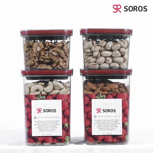 Freeze Storage Containers - Plastic, 1200ml | Set of 2, Square Shape, Airtight Design, Red and Black Color Combination, Plain Pattern