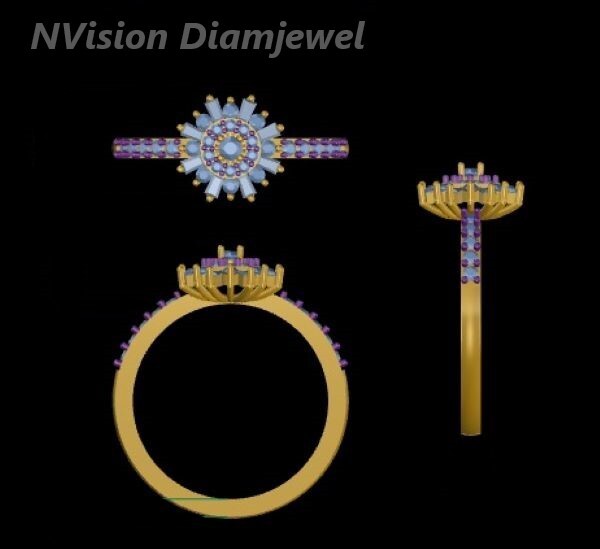 Natural Diamond Sunrays Themed Round And Bugget Ring.