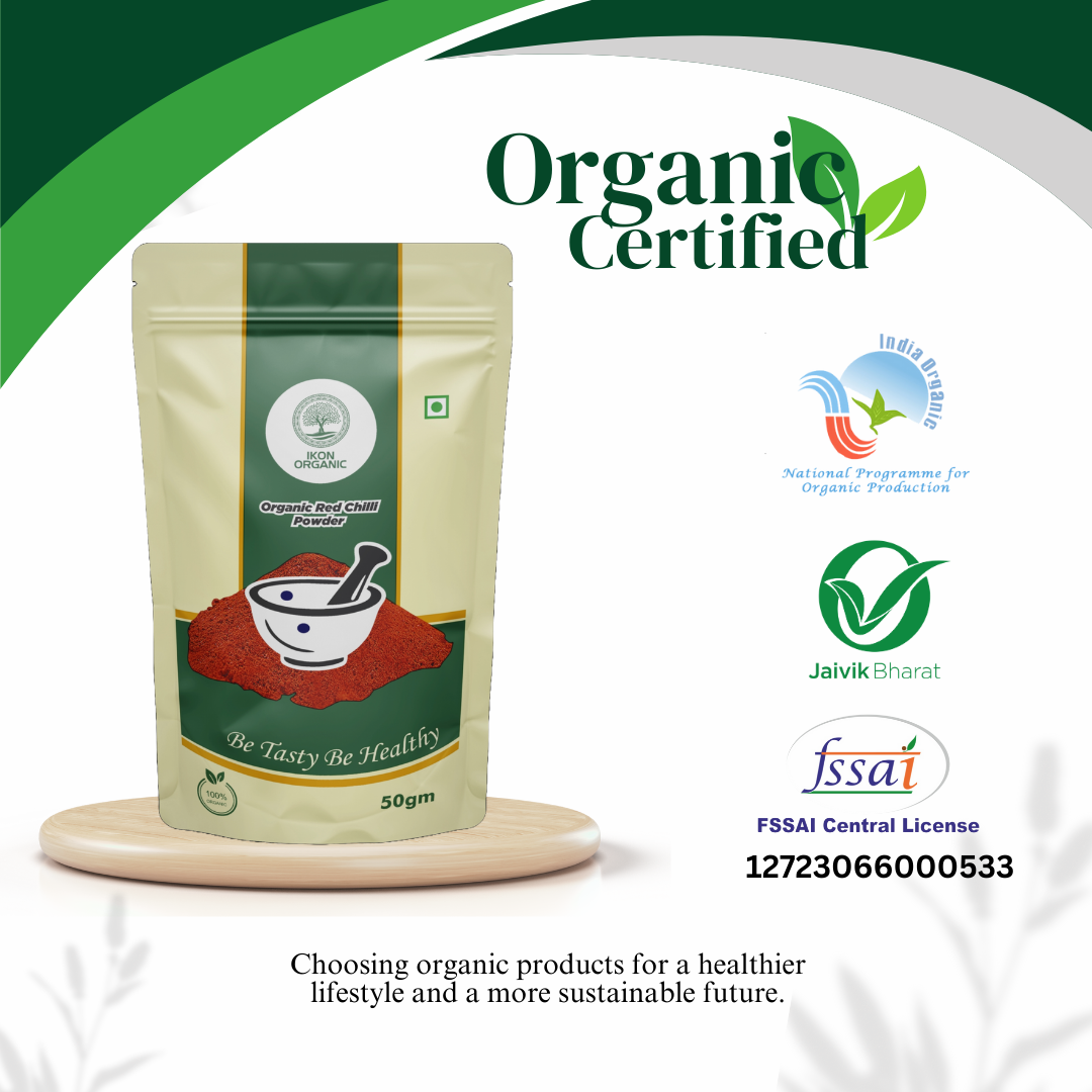 Ikon Organic Red Chilli Powder - 50gm | Fine Ground Food Grade Bright Red Color Hot & Spicy Flavor 0% Additives Retains Natural Aroma