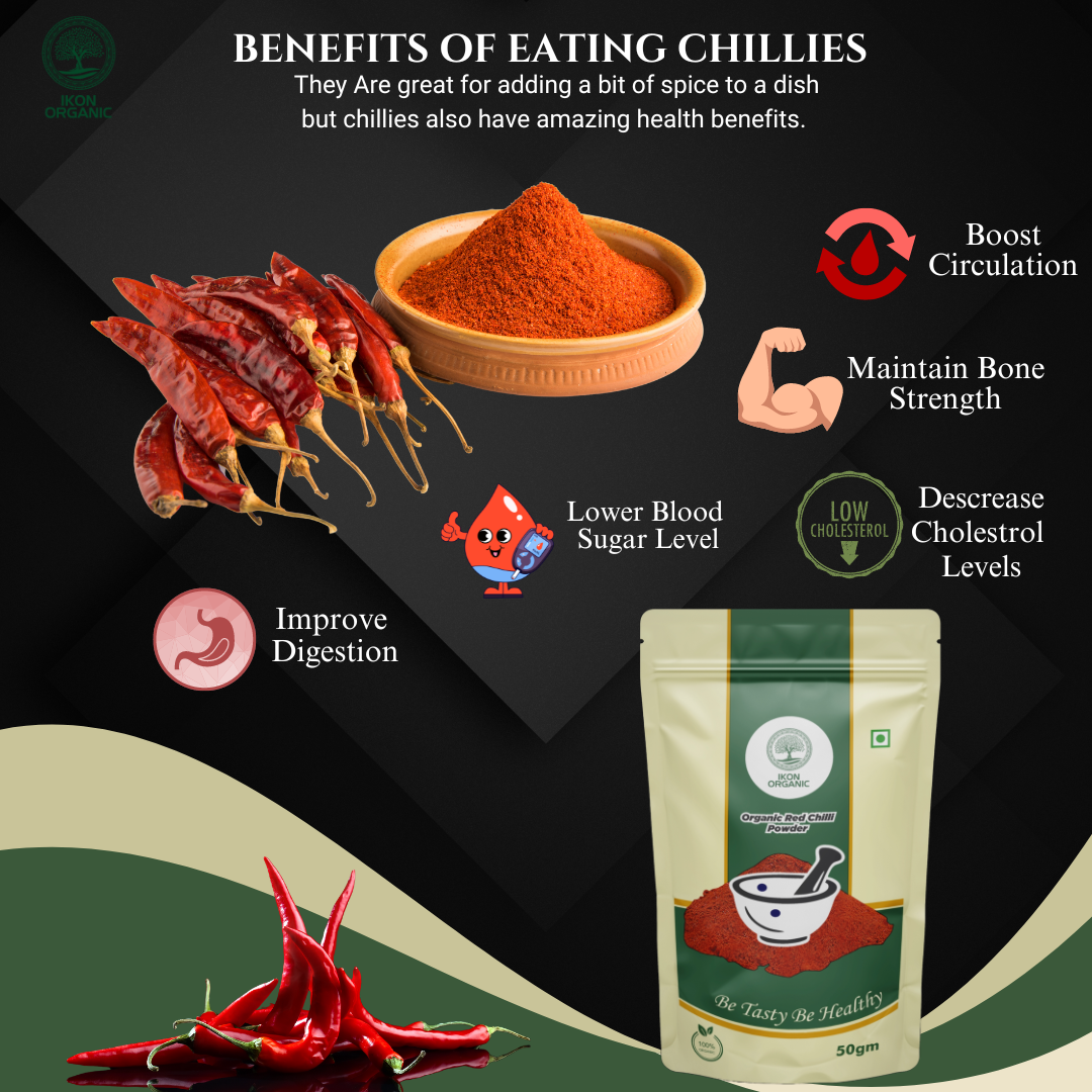 Ikon Organic Red Chilli Powder - 50gm | Fine Ground Food Grade Bright Red Color Hot & Spicy Flavor 0% Additives Retains Natural Aroma