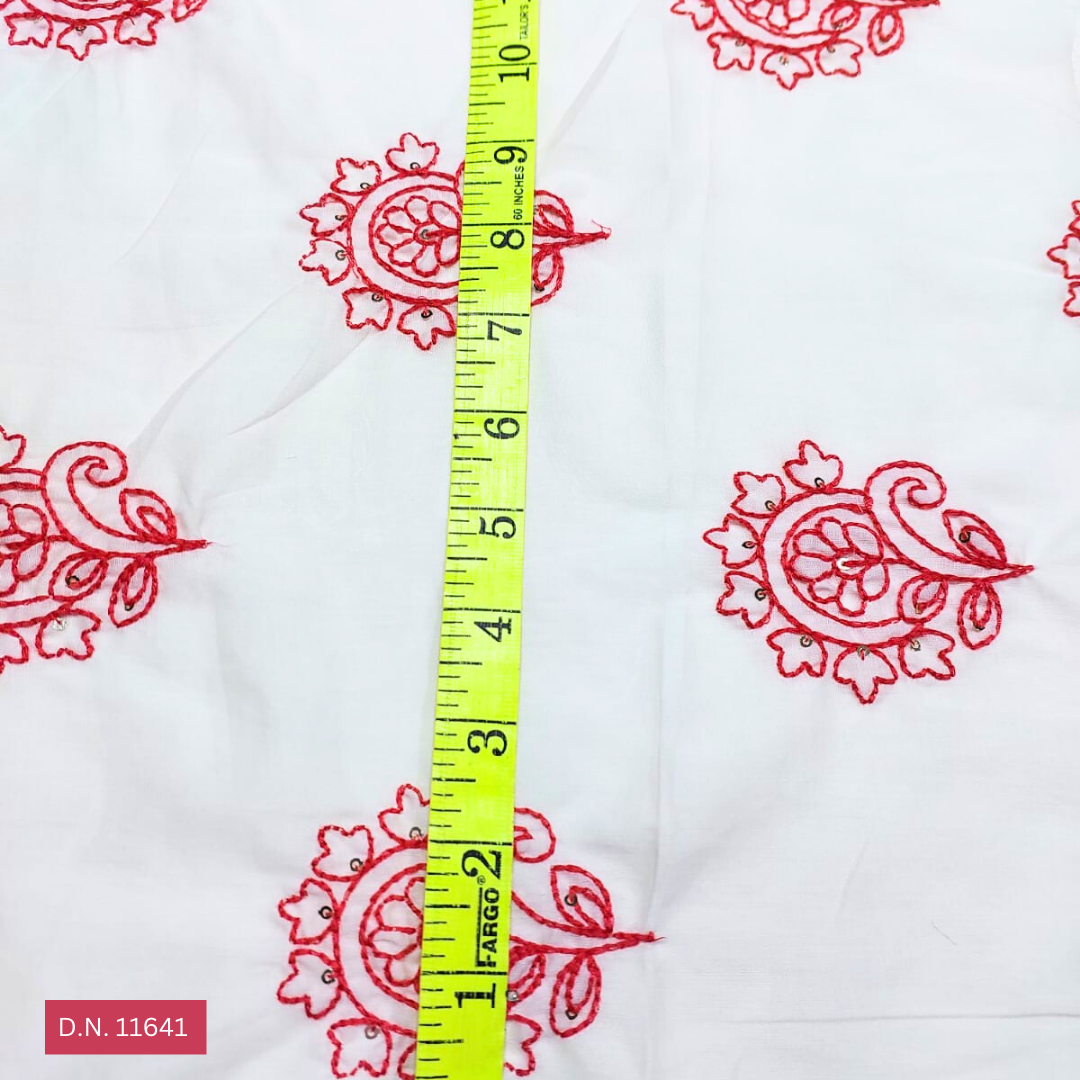 Red Thread Work Embroidered Cotton Floral Fabric - 44 Inch Wide, Multicolor Floral Pattern | Soft & Comfortable, Ideal For Versatile Garment Creation