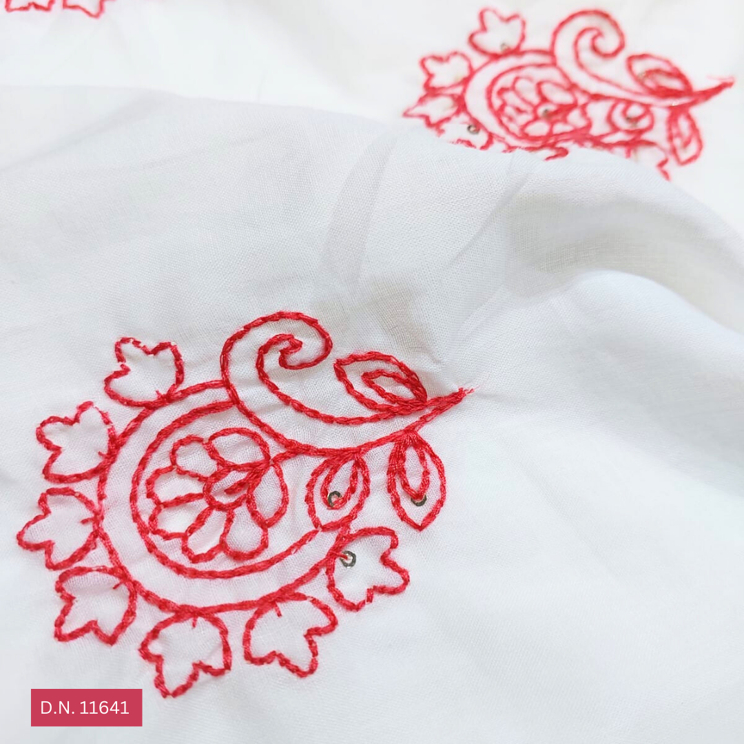 Red Thread Work Embroidered Cotton Floral Fabric - 44 Inch Wide, Multicolor Floral Pattern | Soft & Comfortable, Ideal For Versatile Garment Creation