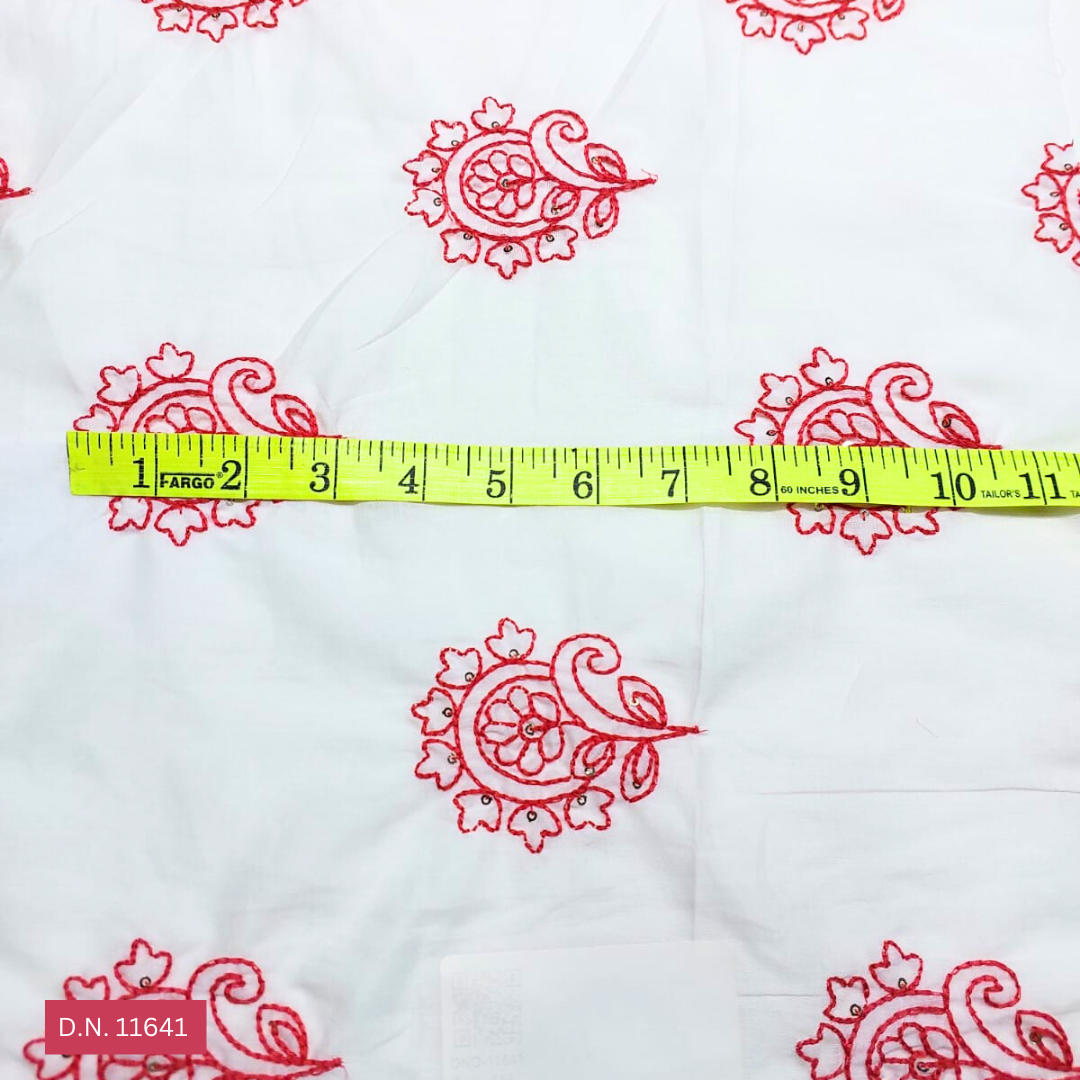 Red Thread Work Embroidered Cotton Floral Fabric - 44 Inch Wide, Multicolor Floral Pattern | Soft & Comfortable, Ideal For Versatile Garment Creation