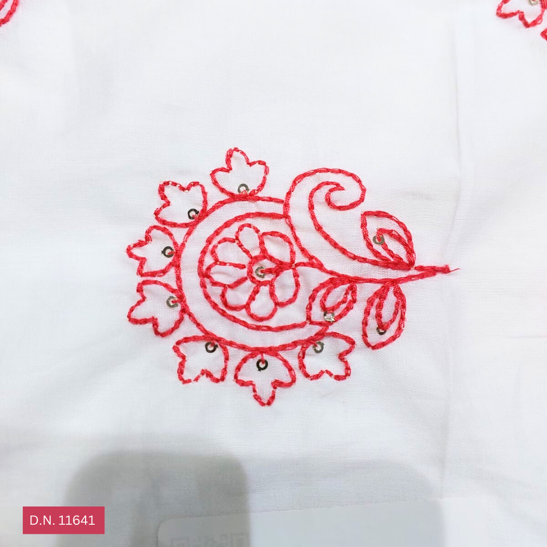 Red Thread Work Embroidered Cotton Floral Fabric - 44 Inch Wide, Multicolor Floral Pattern | Soft & Comfortable, Ideal For Versatile Garment Creation