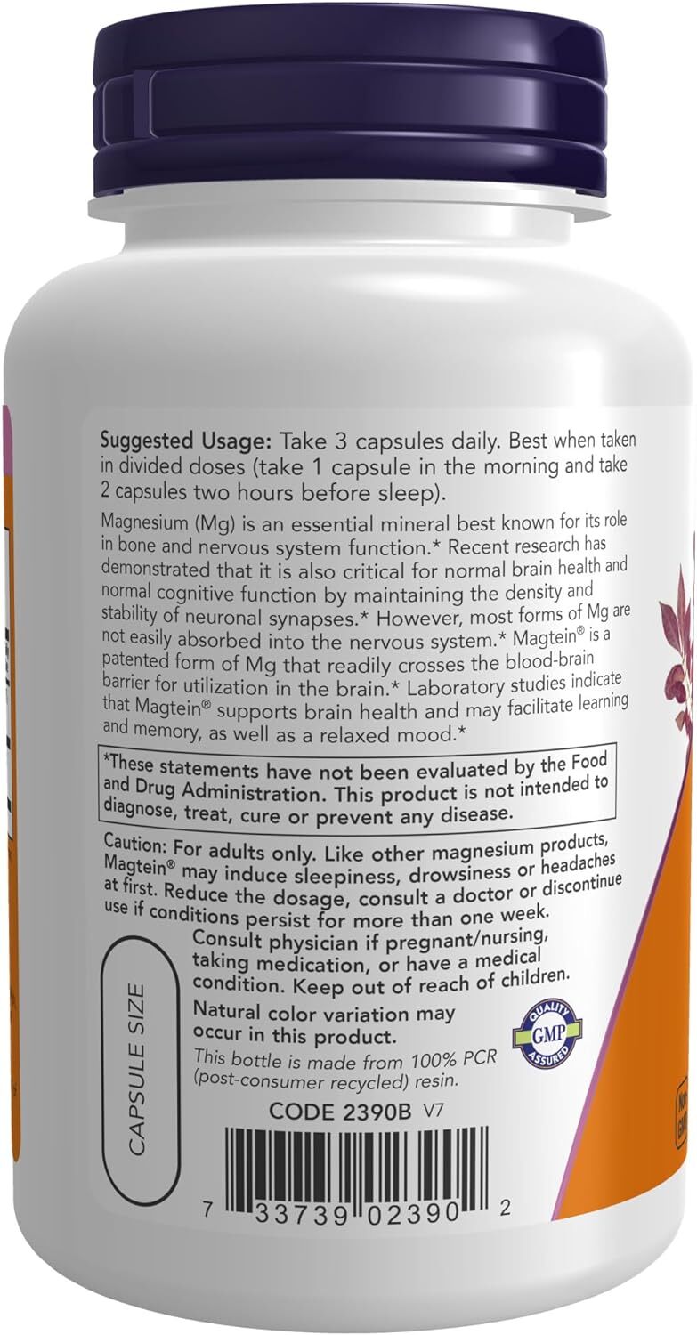 Now Supplements, Magteina C With Patented Form Of Magnesium (Mg), Cognitive Support, 90 Veg Capsules