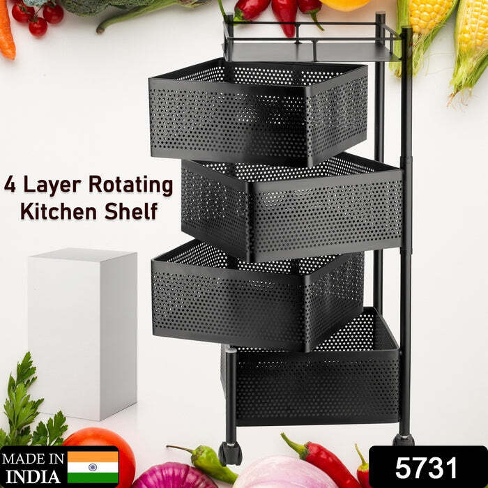 Kitchen Trolley - Metal, 36x36x76cm, Black | Durable Material, Easy Mobility, Rotating Shelves, 3 Layers, Space Saving, Stylish Design