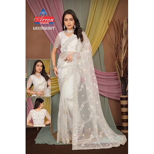 Laxmikant Net Saree - Diamond Studded White Net Fabric, Silver Thread Weaving with Embroidered Design for Wedding and Party Wear